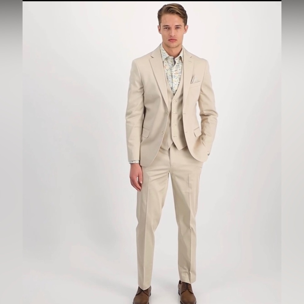Bar III Slim Fit Cotton Stretch Solid Two Piece Suit in Tan - 36 Regular - NWT